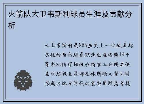 火箭队大卫韦斯利球员生涯及贡献分析